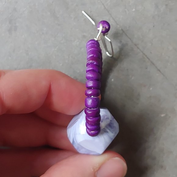 Handmade Round Circle Purple Stone Beaded Dangle Drop Earrings - Picture 4 of 5